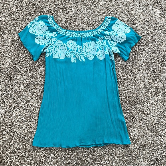 Off The Shoulder Turquoise Dress with White Stitching - Picture 3 of 5